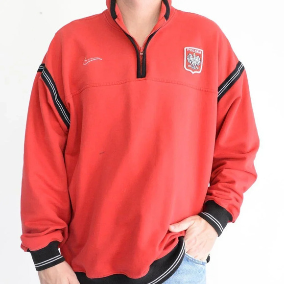 Vintage Nike Red Check Tag Red Quarter Zip made in U.S.A. "Polska" Logo Size XL - Picture 2 of 14